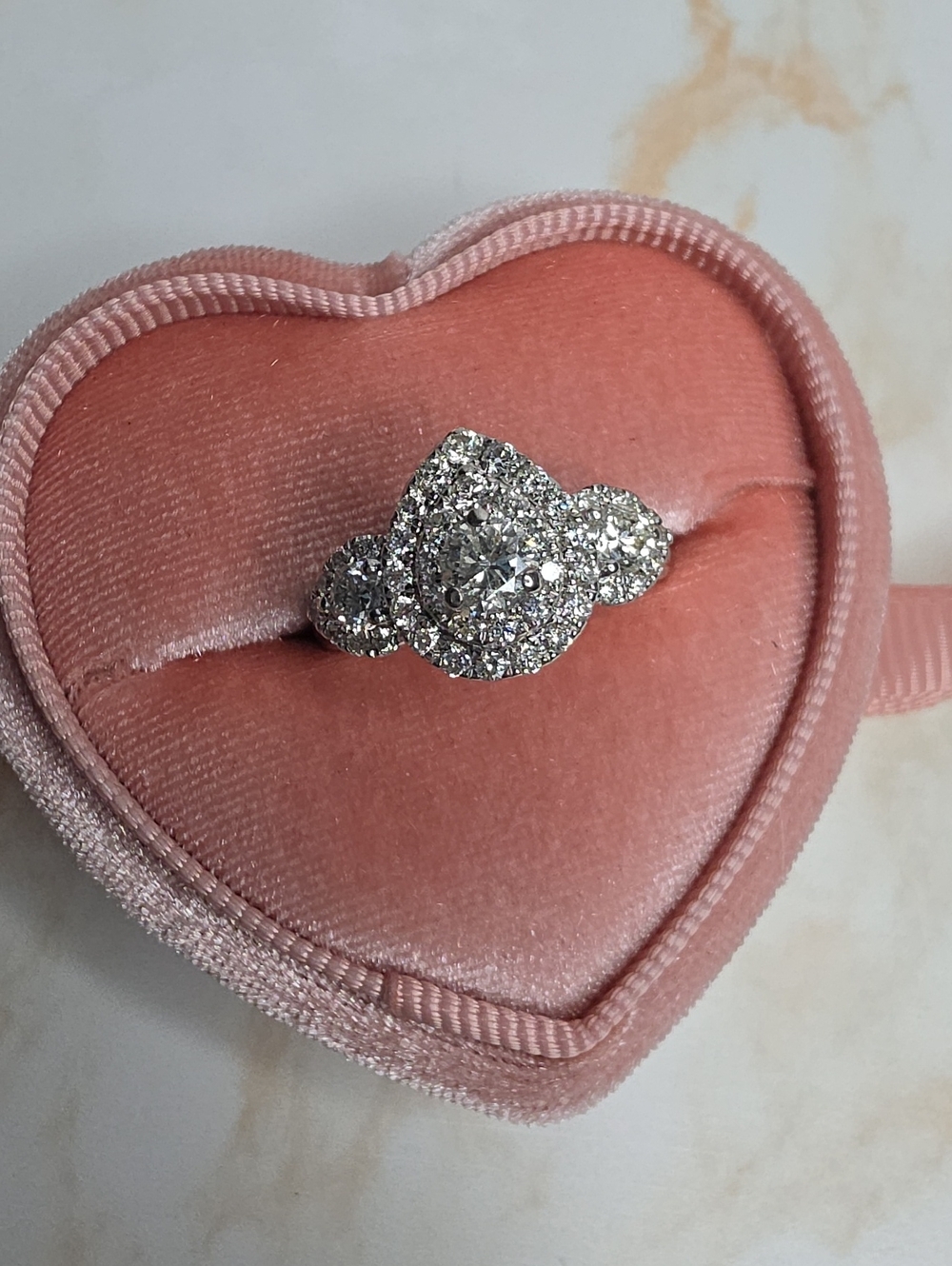 Diamond Halo Three-Stone Ring in Silver Tone - White